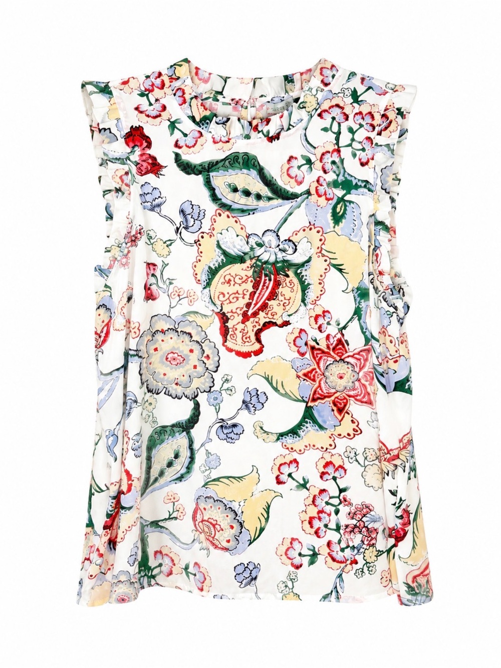 Floral Sleeveless Ruffle-Trim Top - White sz Medium